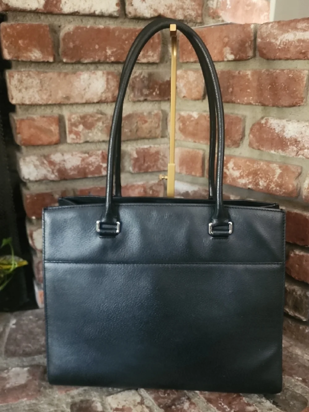 Kate Spade Black Pebbled Leather Tote Zip Front Pocket Work Bag Classic Shopper